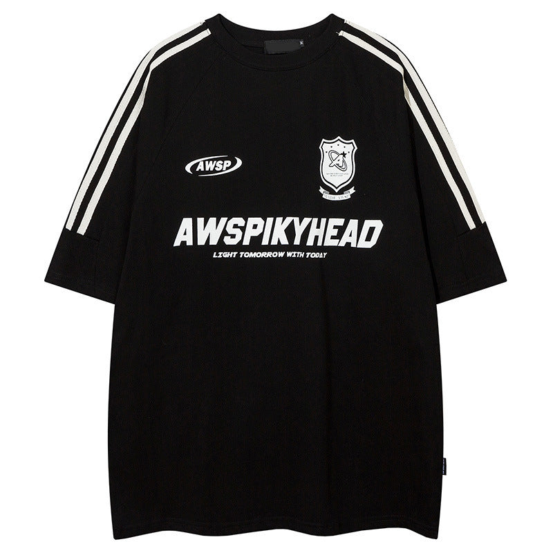 Black t-shirt with white text and logos on a white background