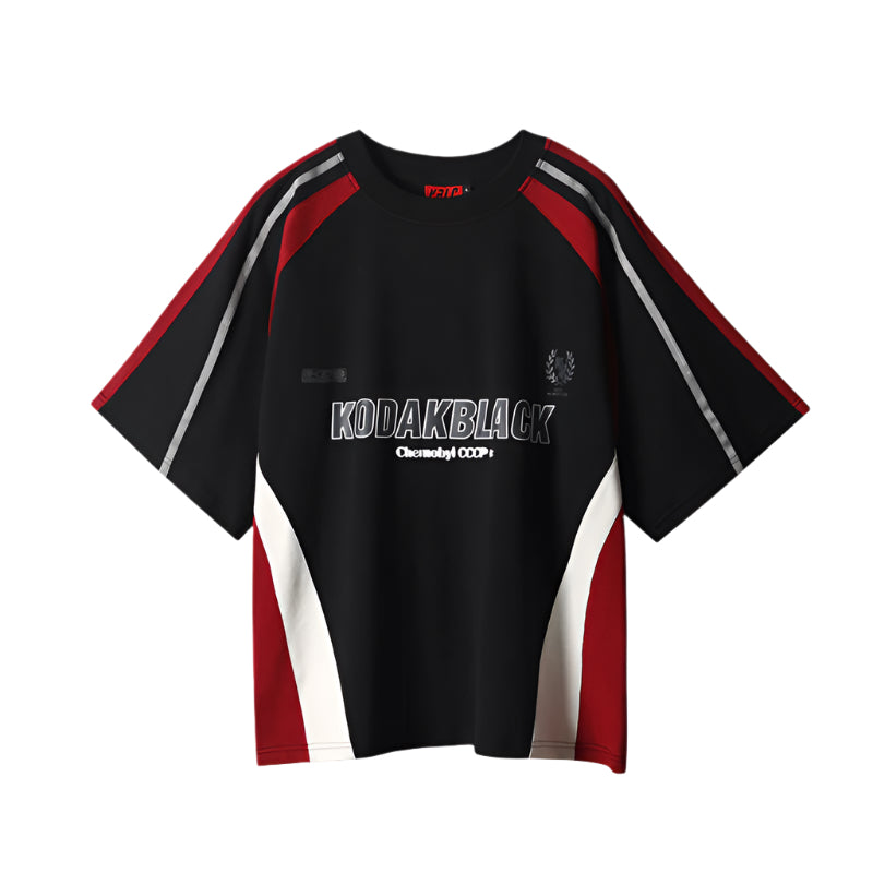 Black t-shirt with red and white accents featuring 'Kodakblack' on a white background