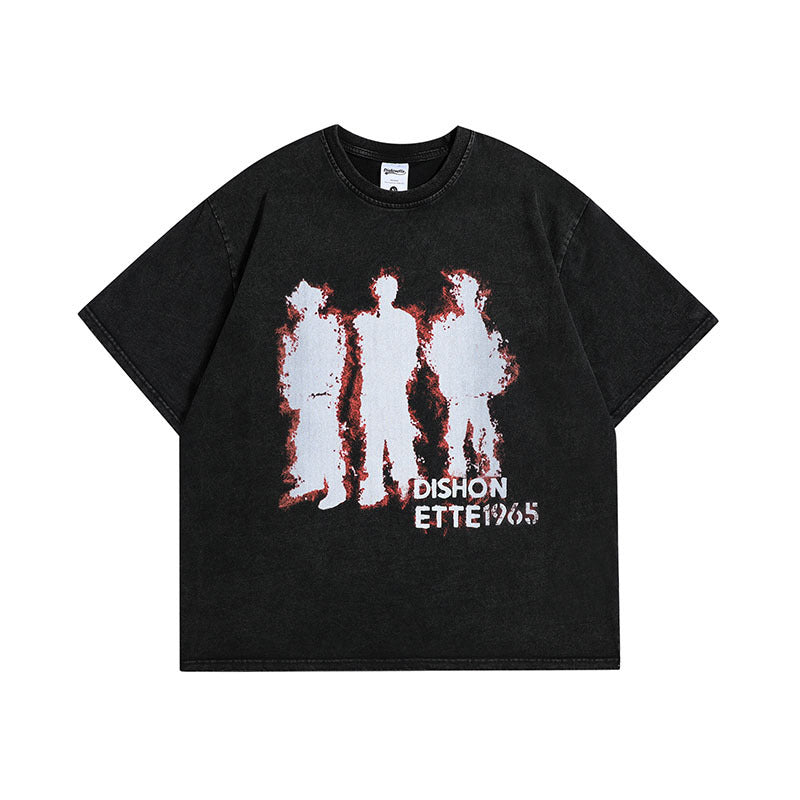 Black t-shirt with graphic design and text on a white background
