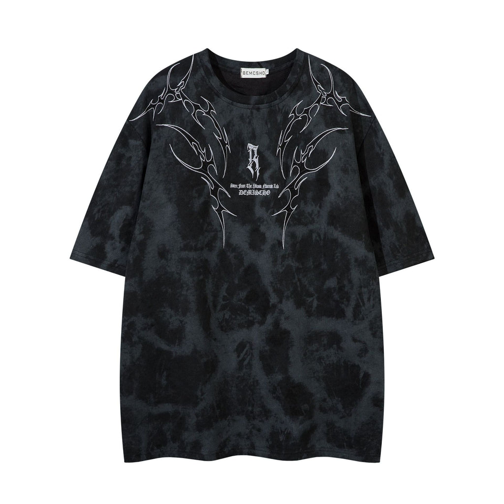Black tie-dye t-shirt with white graphics on a white background