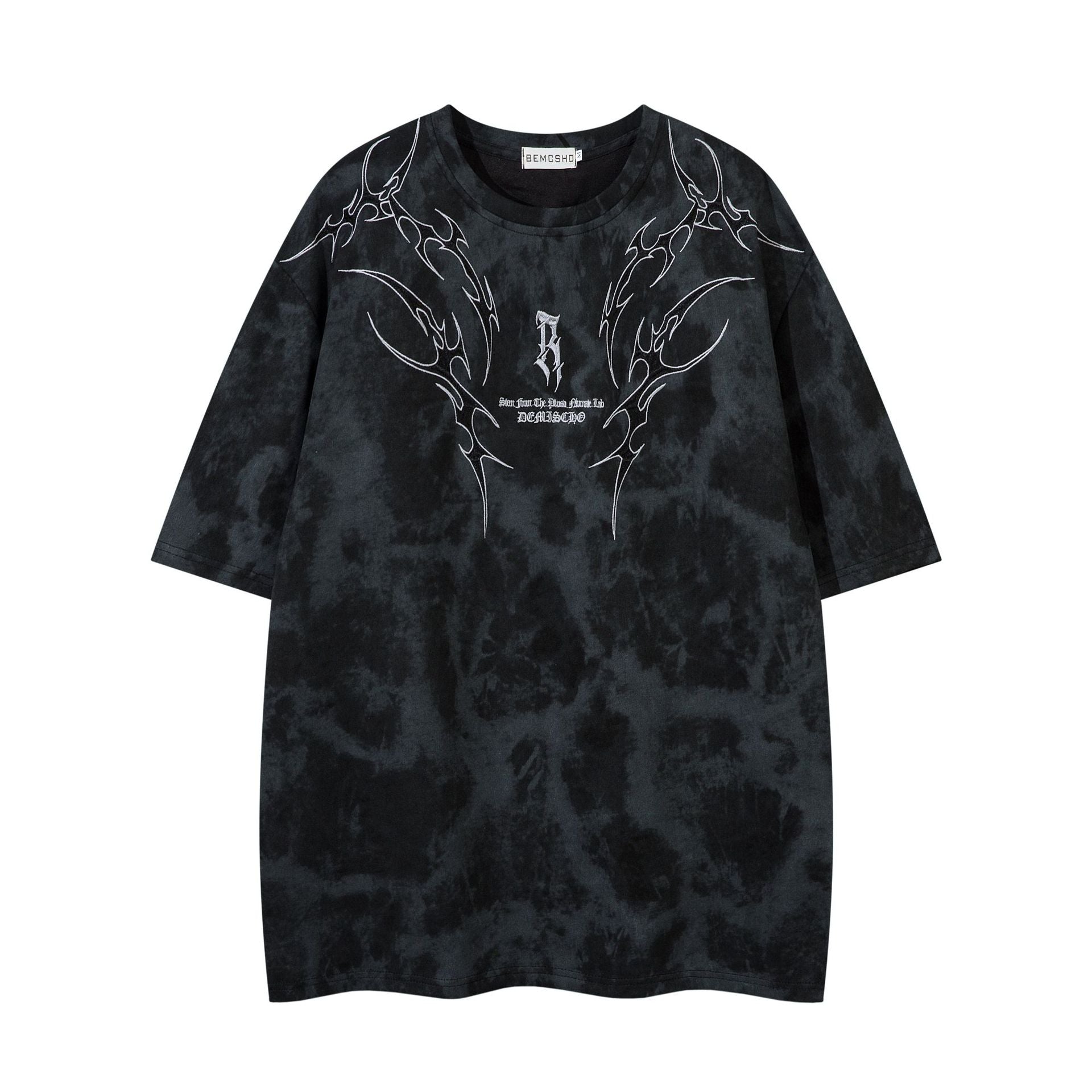 Black tie-dye t-shirt with white graphics on a white background