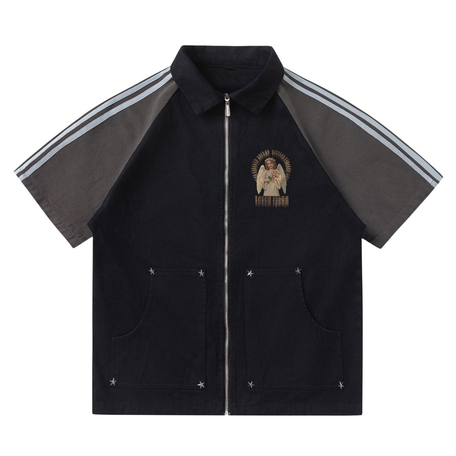 Black jacket with short sleeves and a graphic on a white background