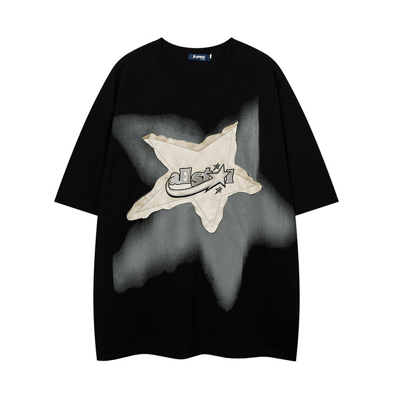 Black t-shirt with a graphic design on a white background